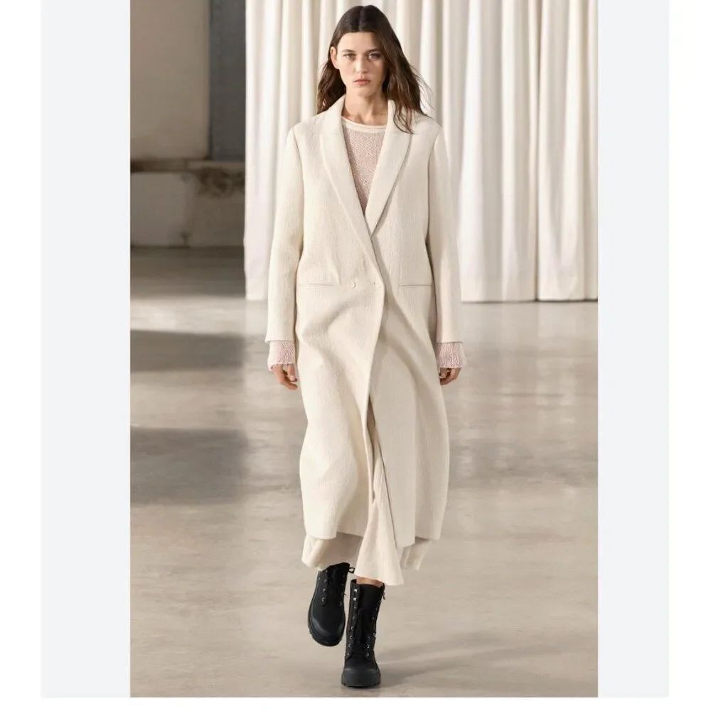 Zara Womans Long Wool Coat Size L Large Winter White Textured 8605/770 NWT